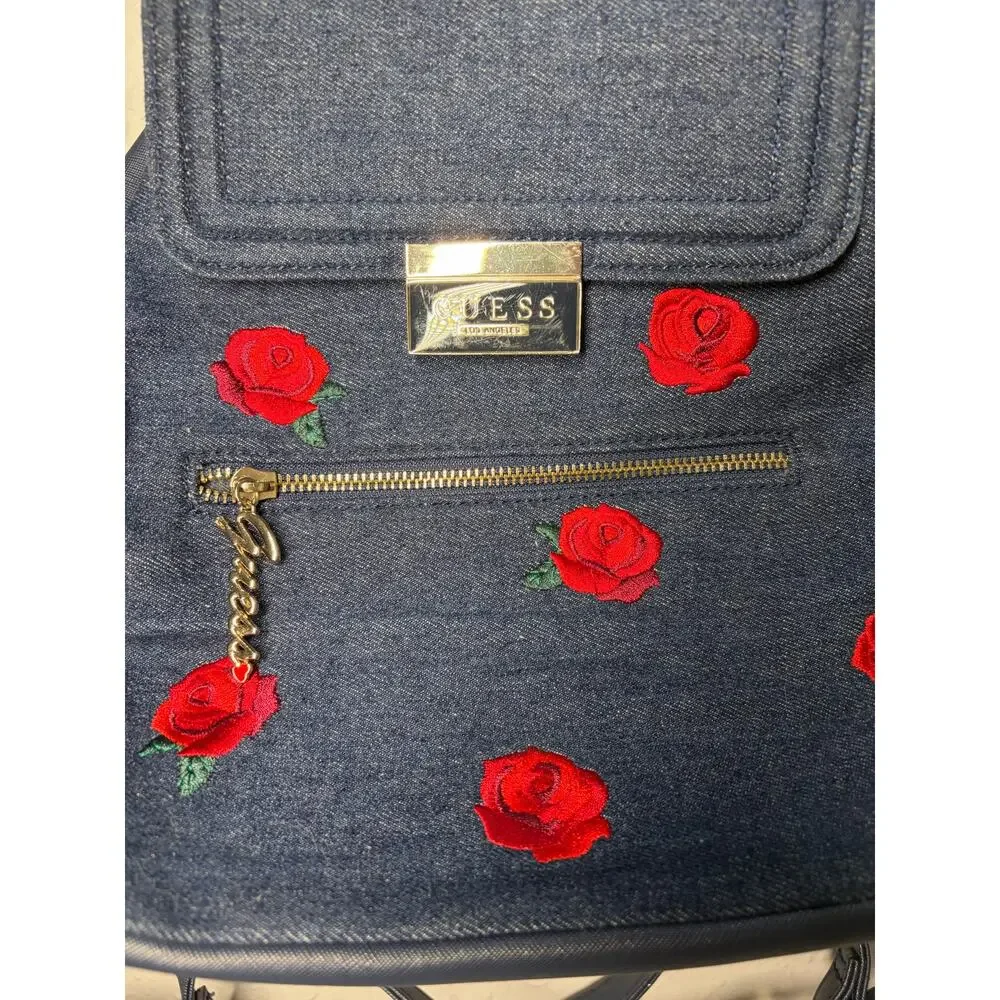 GUESS Blue Denim Backpack Bag Roses Casual Boho